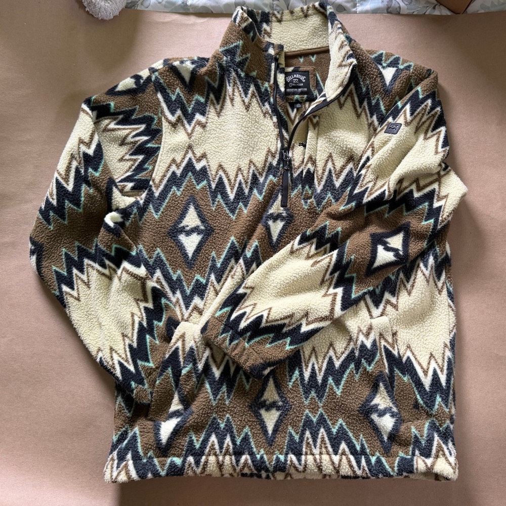 Billabong Men’s Zip-Up Fleece Sweater - Brown, Cream, Black, Teal